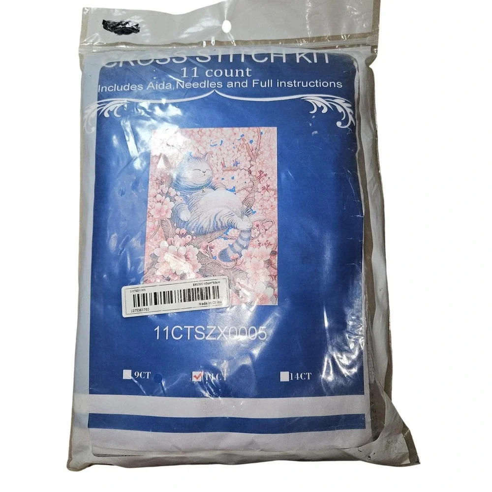 Cross Stitch Kit 11 Count Sleeping Cat Cherry Blossoms Framed Picture‎ 65x50cm